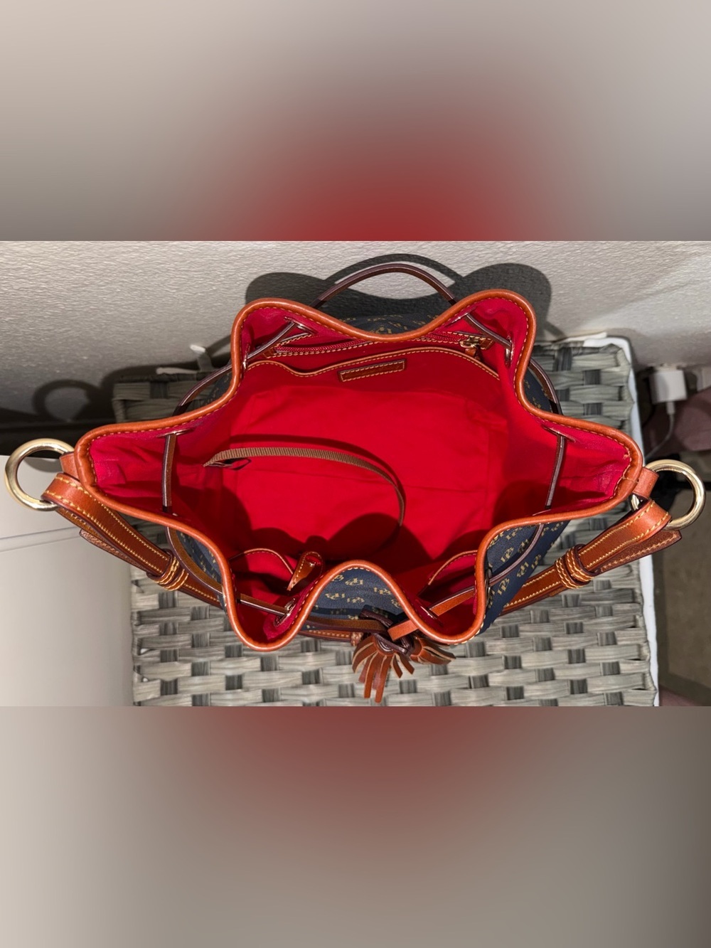 Dooney & Bourke Gretta Navy and Brown Monogram Drawstring Bucket Bag - Picture 14 of 14